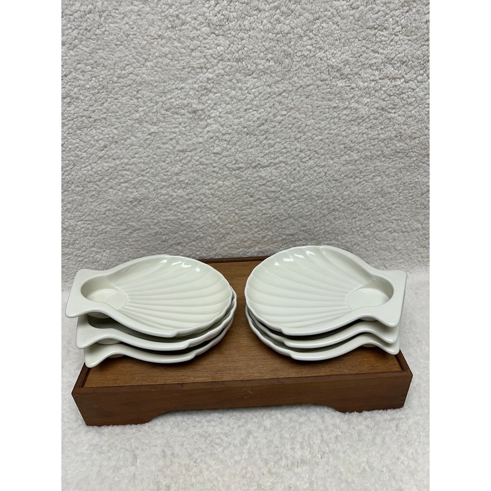 VTG Hall China Individual Oyster Shell Dishes Set of 6 Ivory White Ceramic USA
